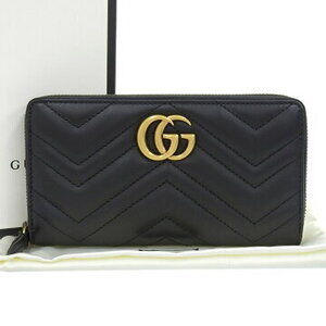 Gucci GG Marmont Logo Round Zip Long Wallet Black Leather
